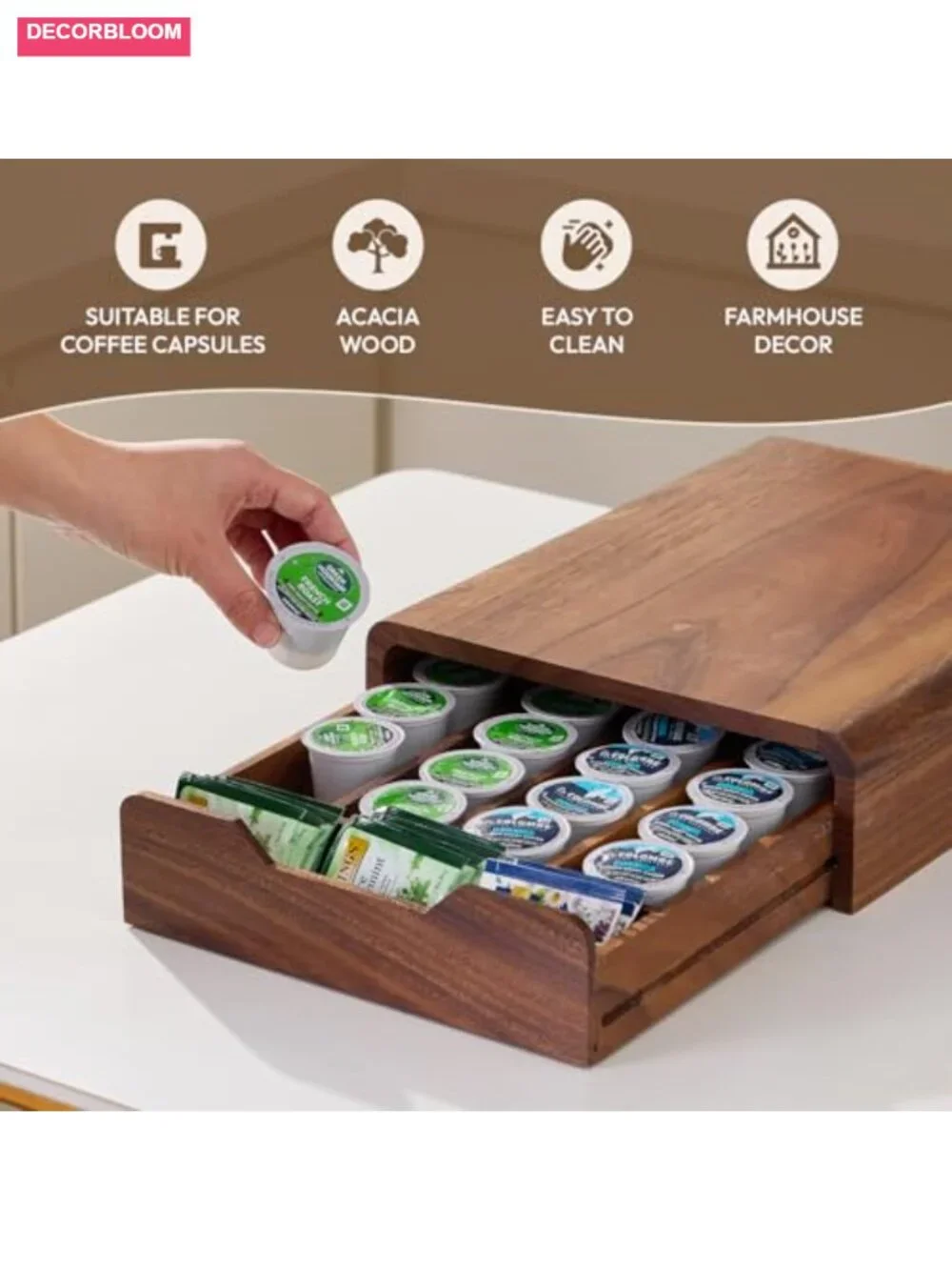 Solid Walnut Coffee Pod Organizer - 35-Capacity Drawer with Dividers